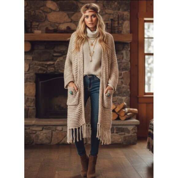 Abercrombie & Fitch Boho Whimsy Festival Loose Knit Fringe Cardigan Beige S/M - Picture 1 of 11